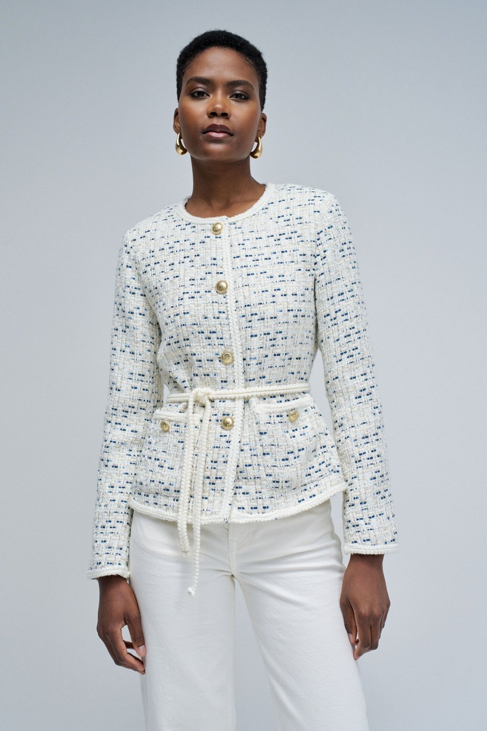 Pearl Tweed-Textured Belted Button-Front Coat