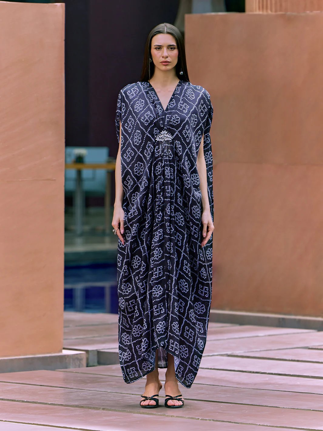 Black Satin Kaftan with White Geometric Print