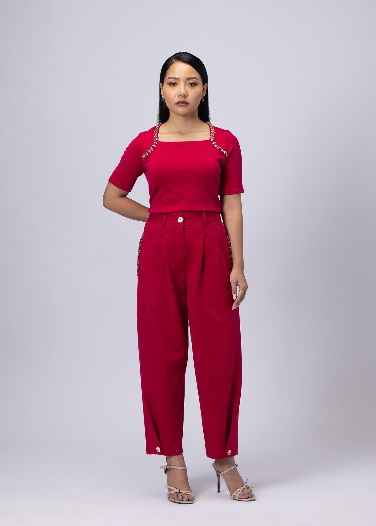 Raspberry Pink High-Rise Barrel-Leg Trousers