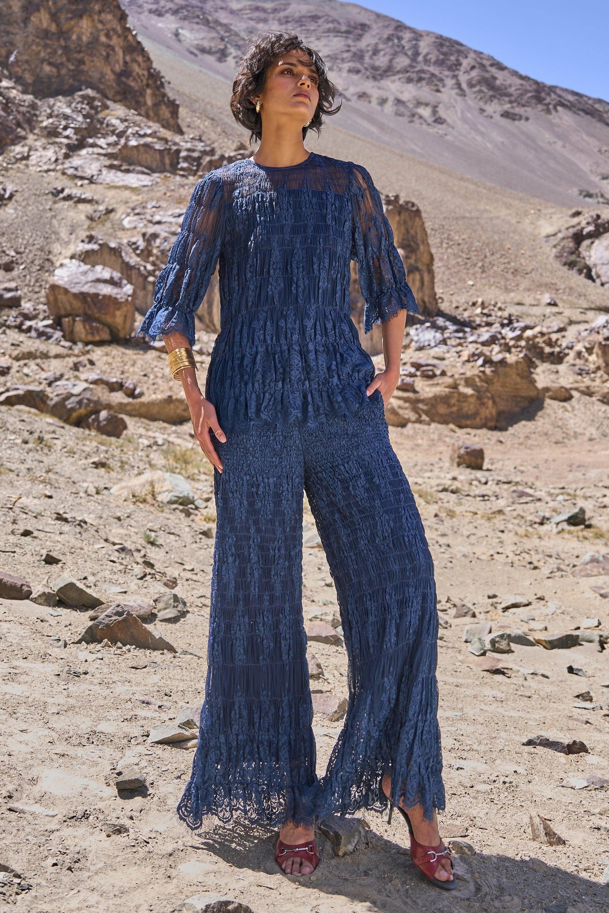 Navy Smocked Lace Flared Trousers