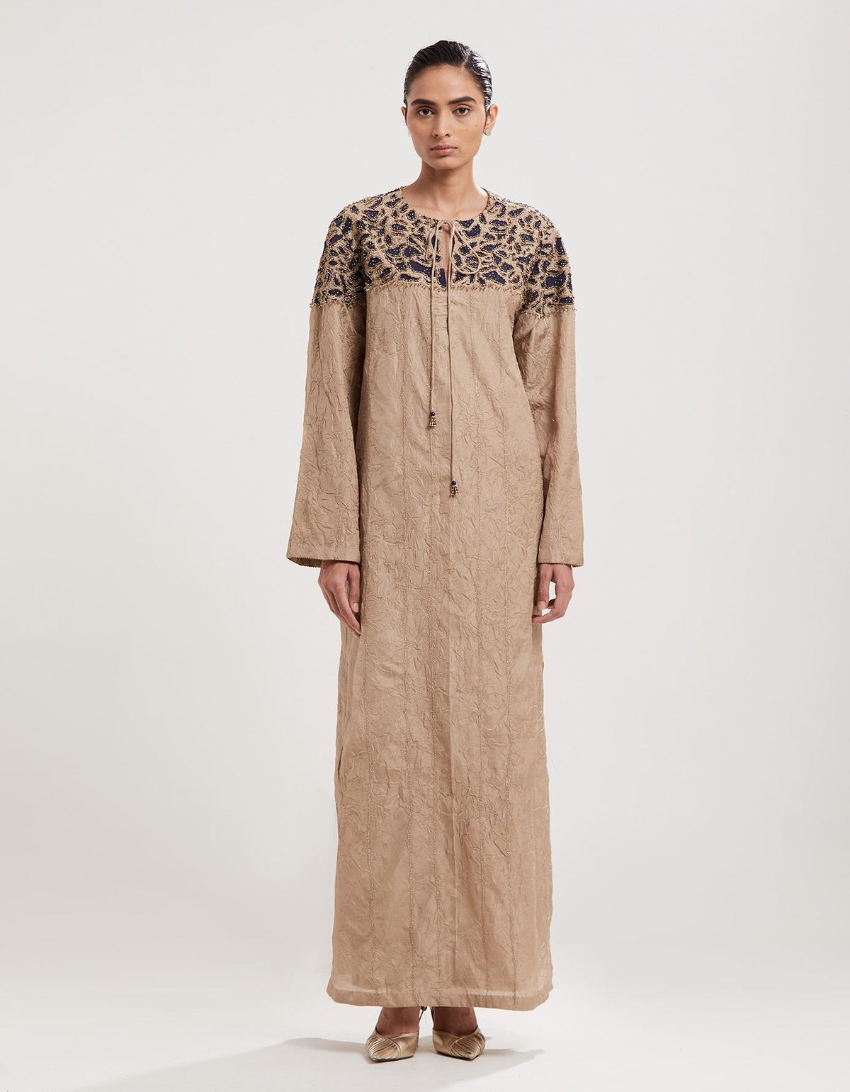 Beige Applique Hand Embroidered Kaftan