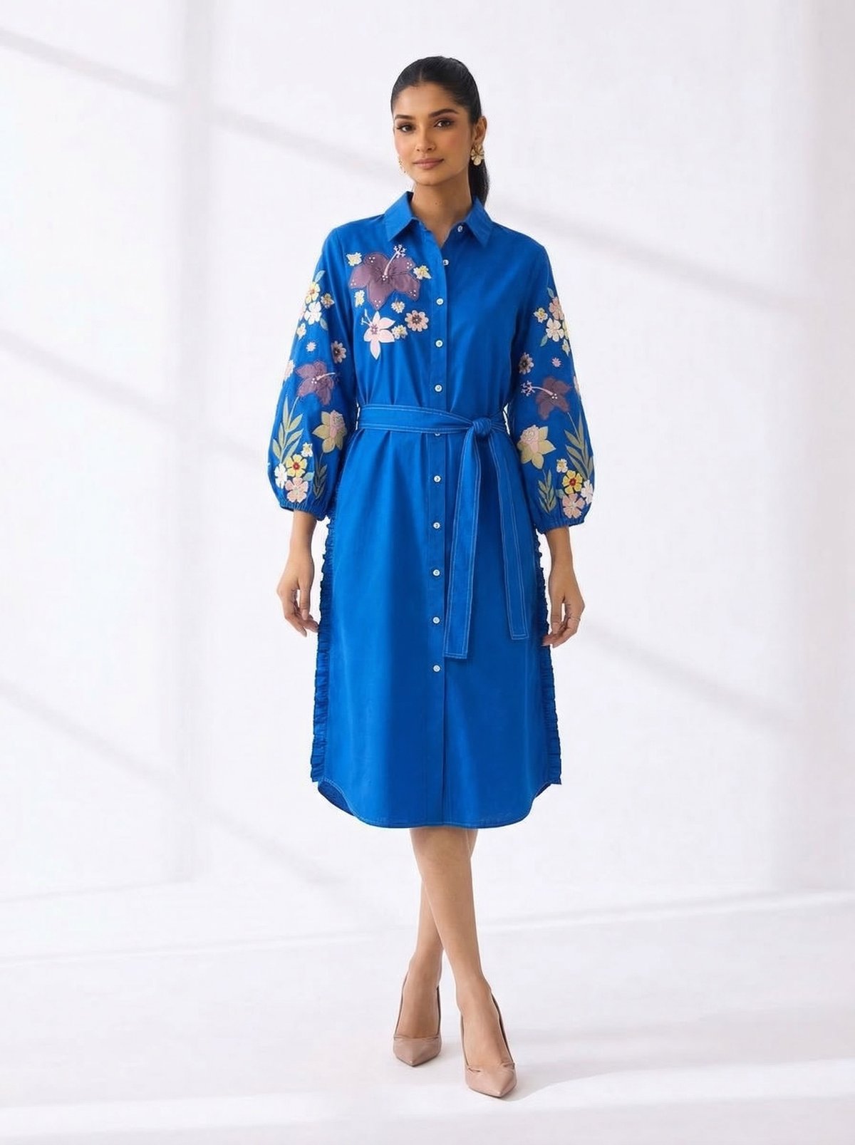 Electric Blue Embroidered Sleeve Midi Shirt Dress