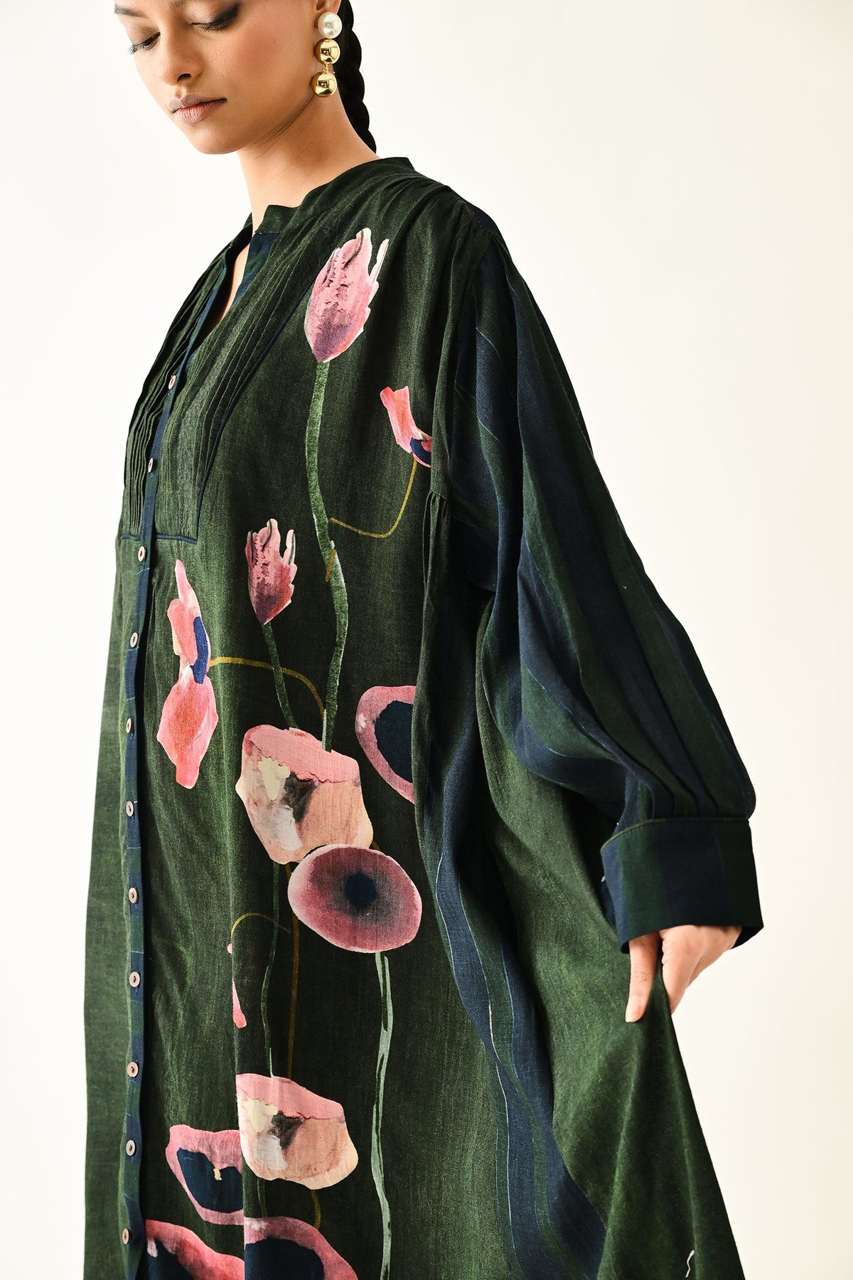 Green Abstract Floral Button-Down Midi Dress