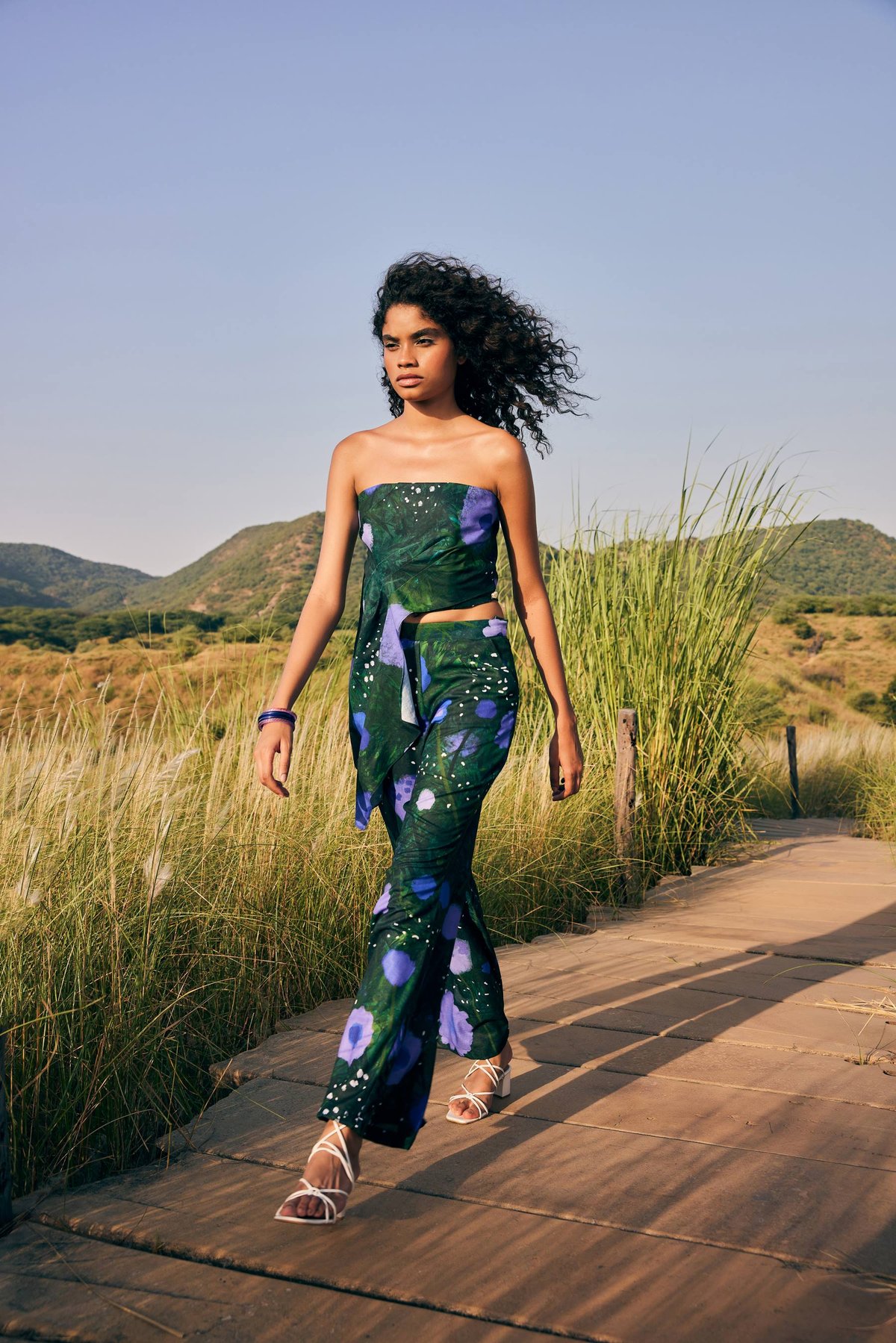 Purple and Dark Green Floral Flared Trousers