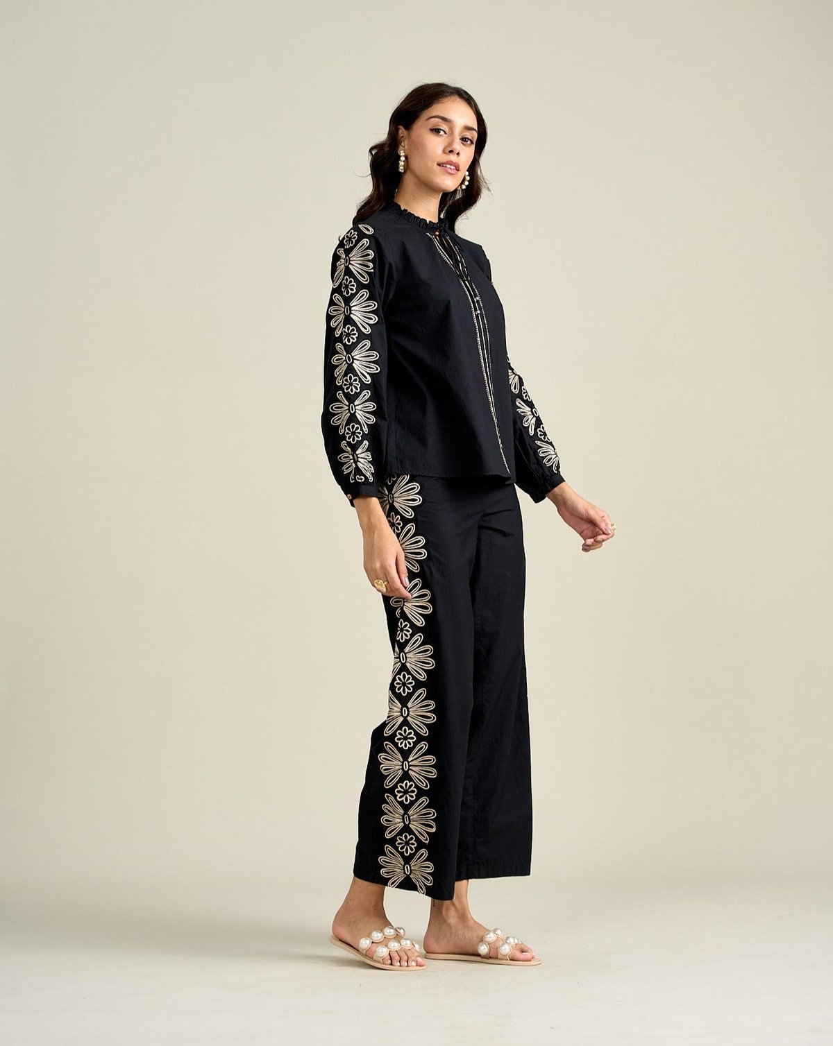 Black Wide-Leg Cotton Trousers with Side Embroidery