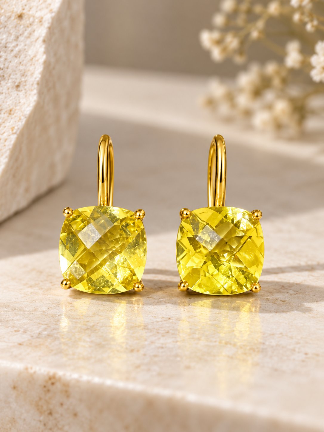 Gold Plated Sterling Silver Cushion Cut Solitaire Citrine Earrings