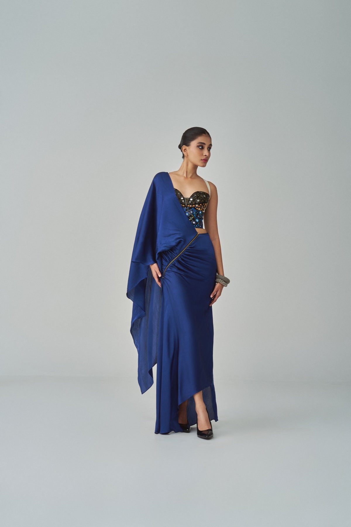 Blue/Black Satin Mirror Work Sweetheart Crop Blouse