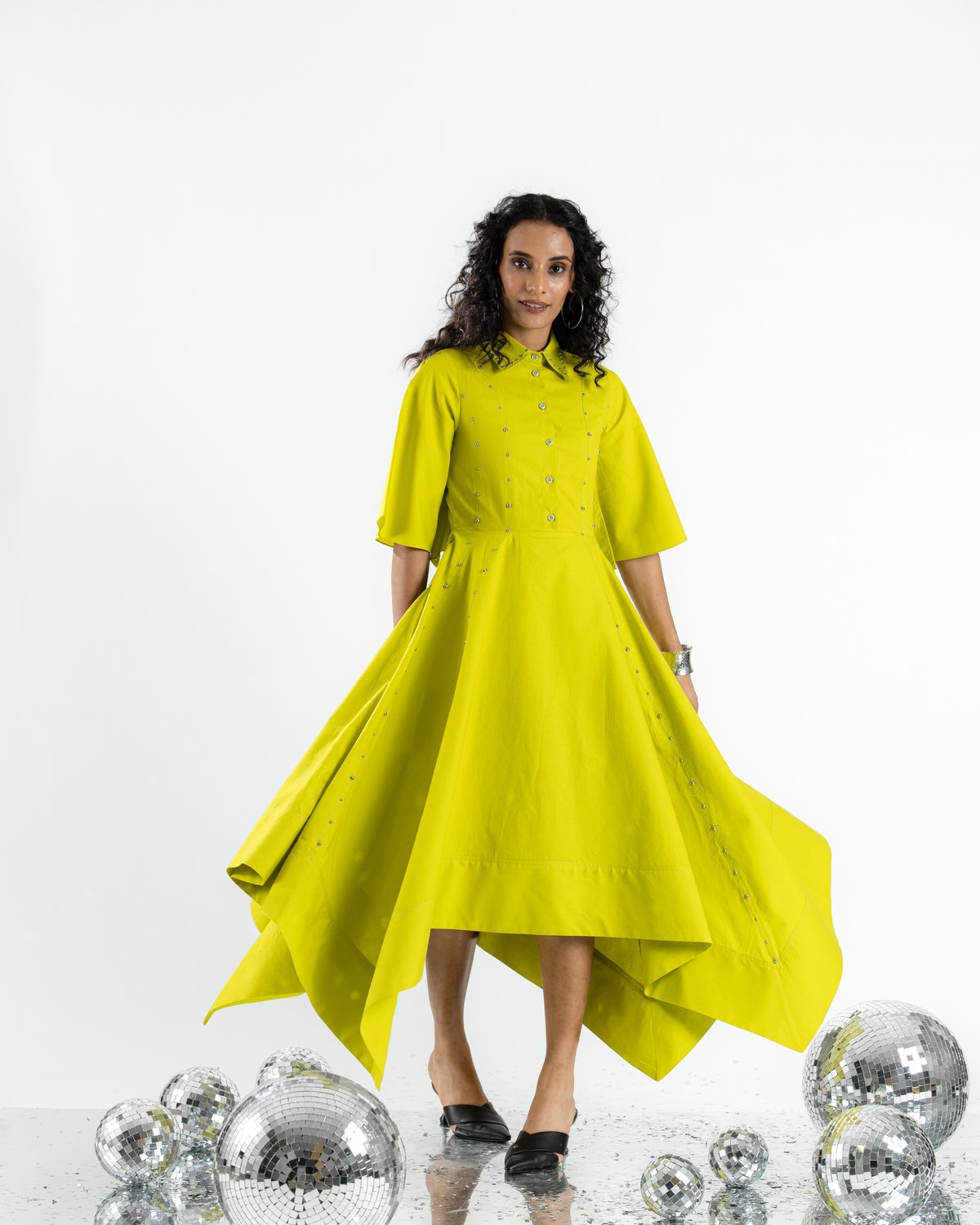 Lime Green Embellished Shirt Midi Dress with High-Low Hem