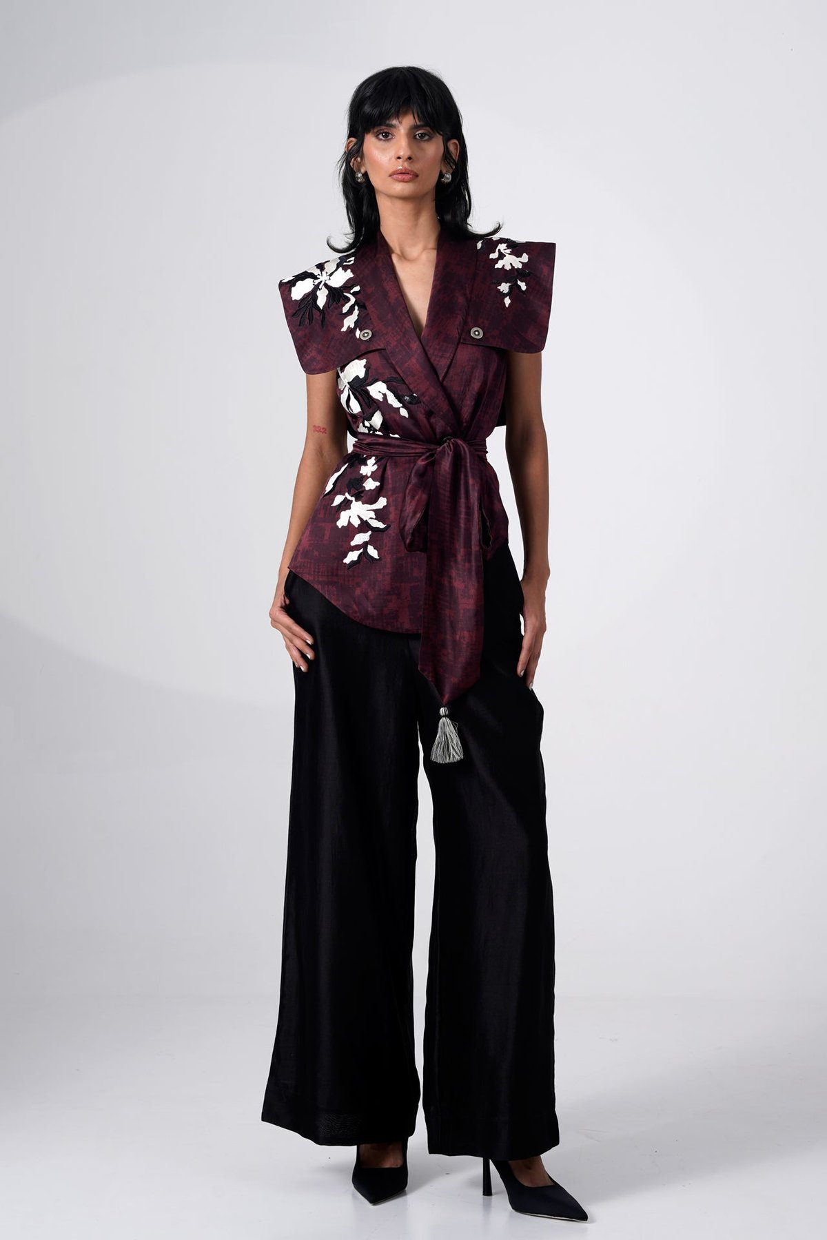 Wine-Brown Wrap Jacket and Black Wide-Leg Pants Co-ord Set