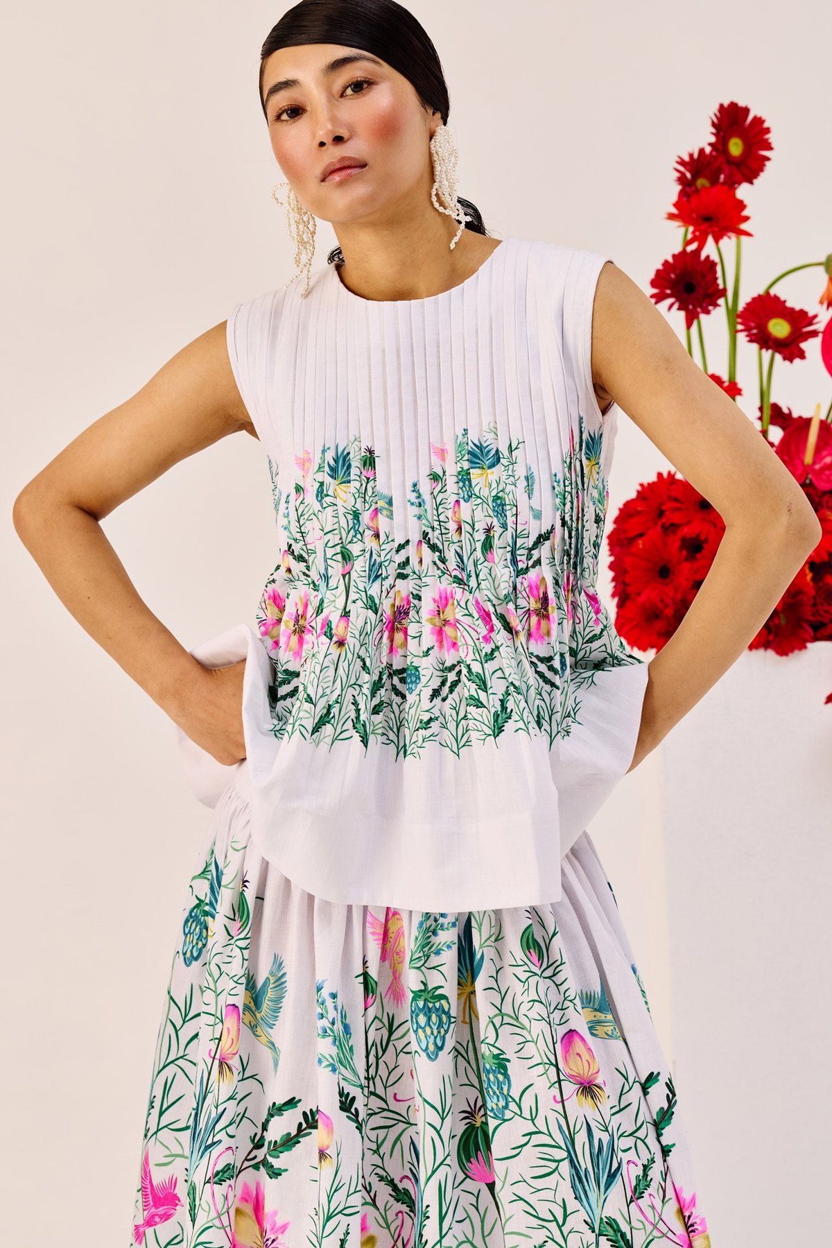 White Cotton Floral Print Pintuck Peplum Top