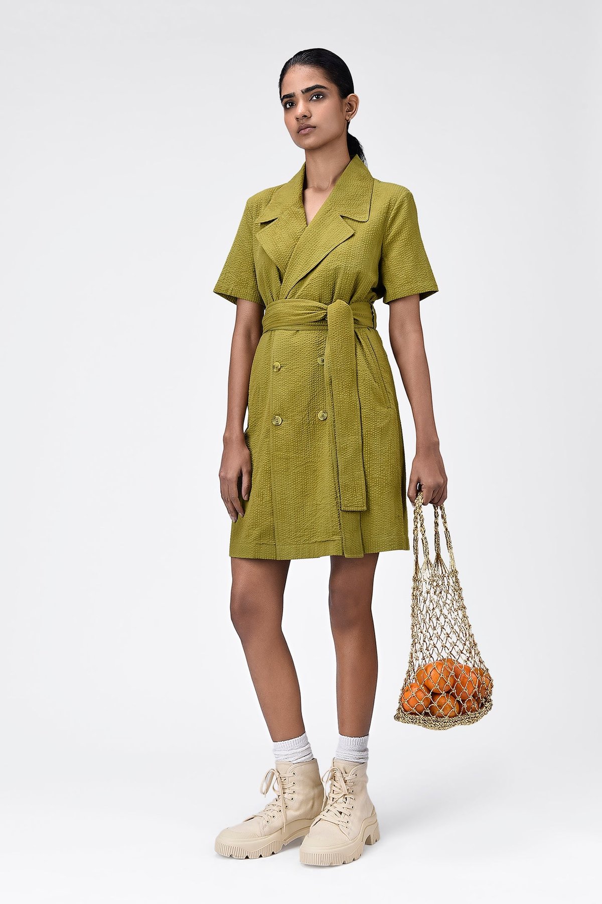 Bright Olive Seersucker Tie-Waist Double-Breasted Dress