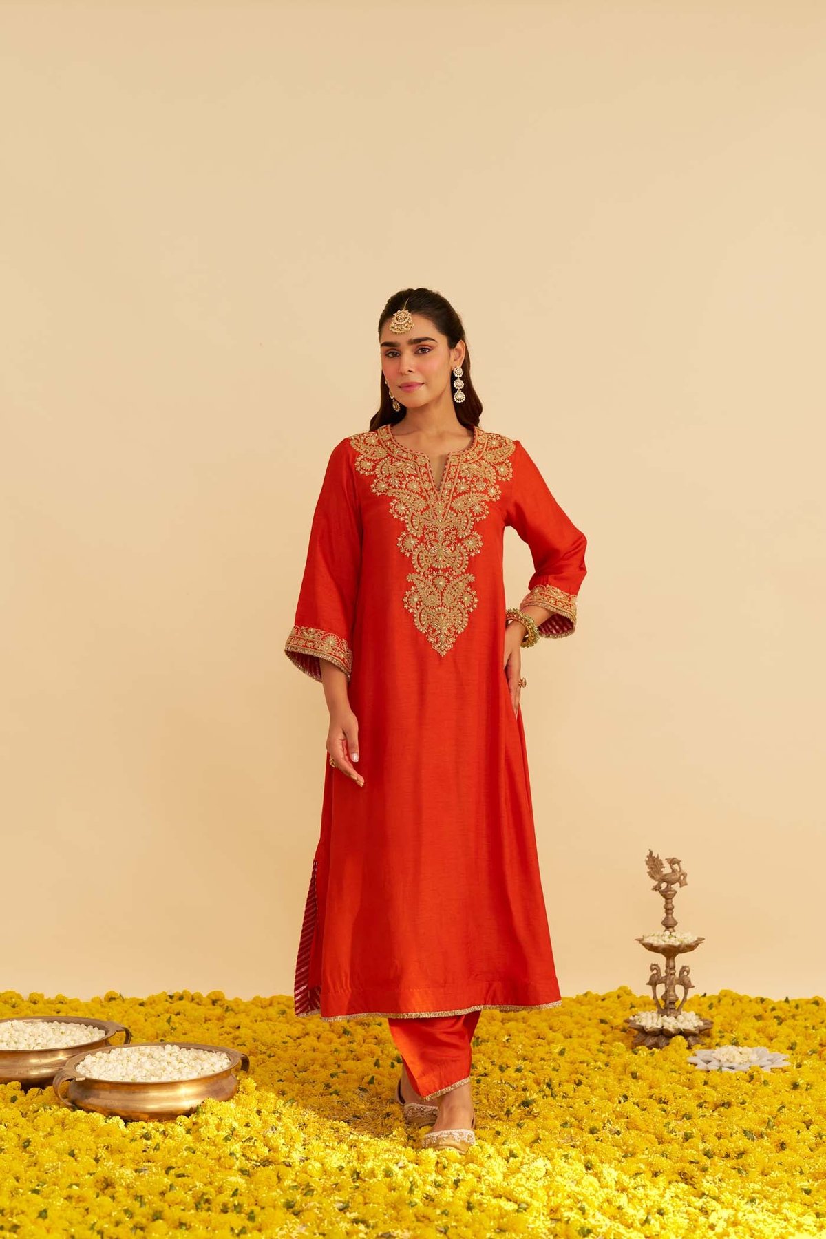 Burnt Orange Upada Silk Embroidered Kurta Set