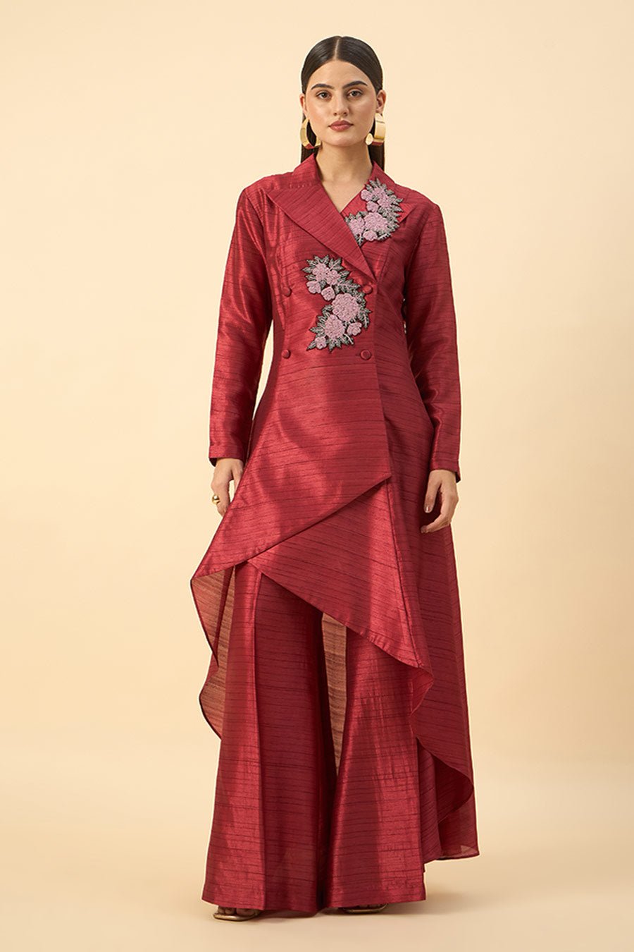 Floral Embroidered Long Tunic With Palazzo Pant