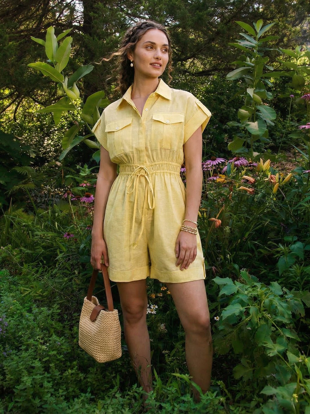 Limoncello Yellow Linen-Blend Button-Down Playsuit