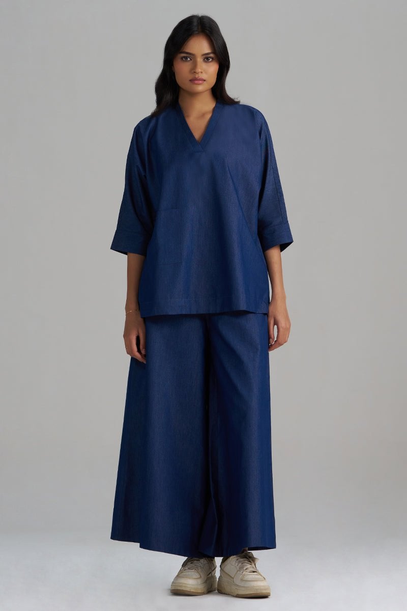 Denim Blue V-Neck Top and Wide-Leg Pants Co-ord Set
