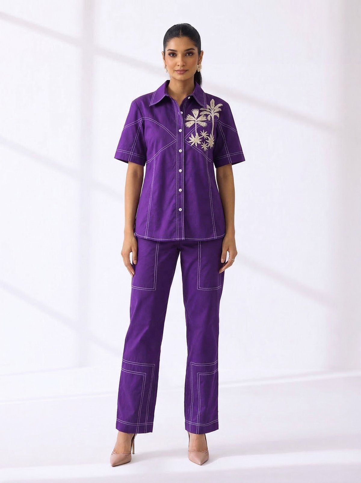 Purple Cotton Shirt and Straight Pant Co-ord Set