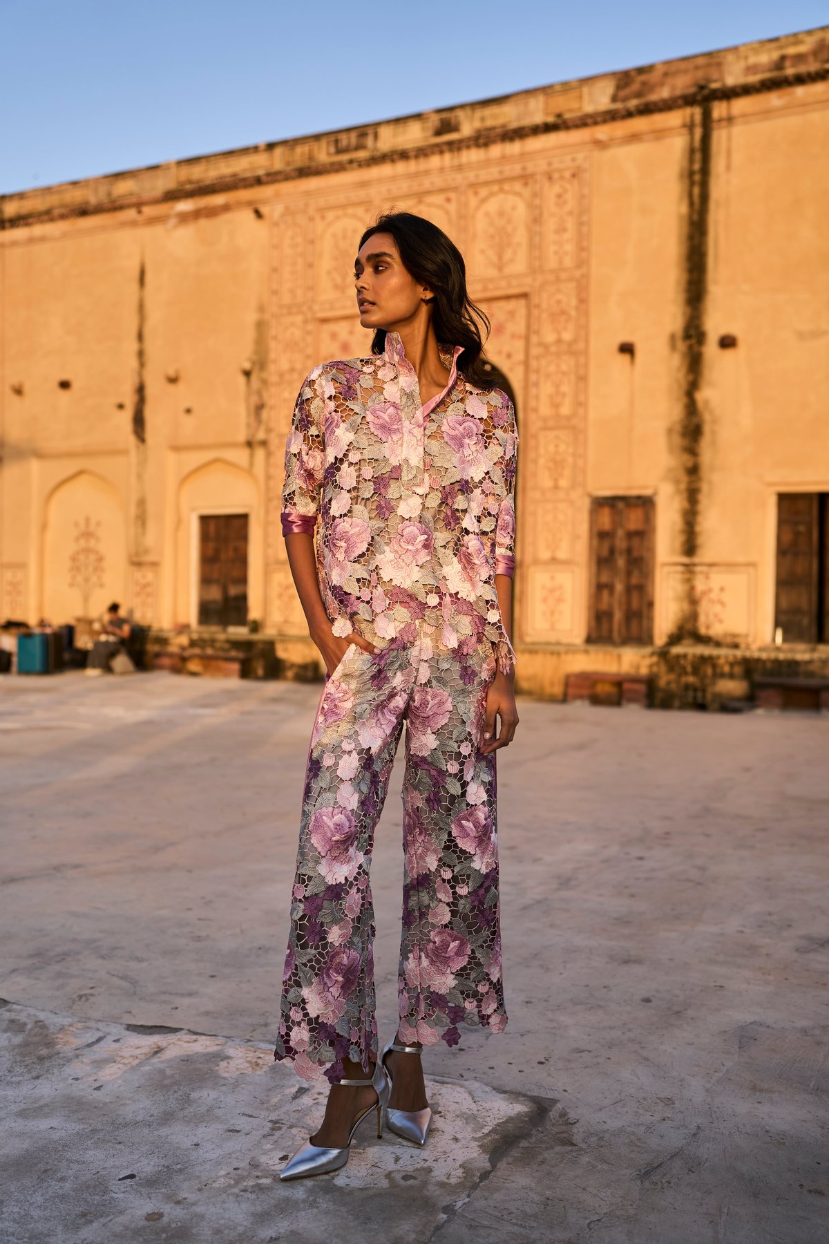 Multi Floral Lace Straight-Leg Trousers with Scalloped Hem