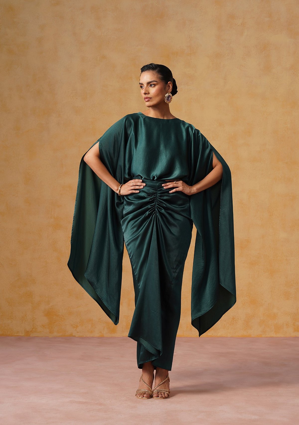 Bottle Green Satin Cape Top and Draped Maxi Skirt Co-ord