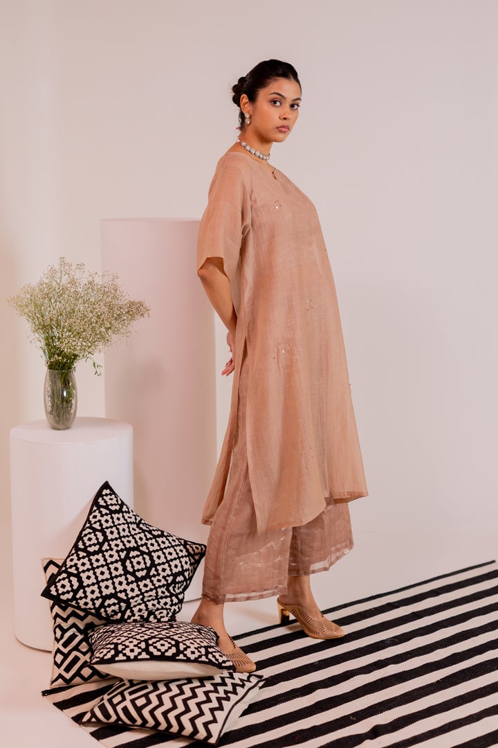 Beige Sheer Chanderi Kurta Co-ord Set with Wide-Leg Pants