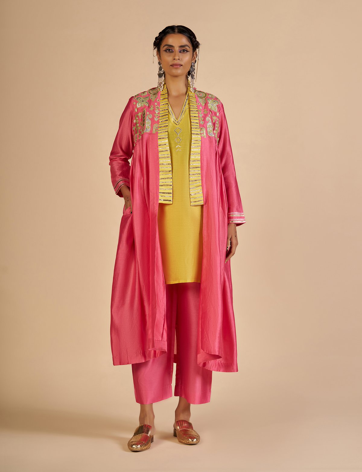 Pink Silk Chanderi Gota Embroidered Front-Open Coat