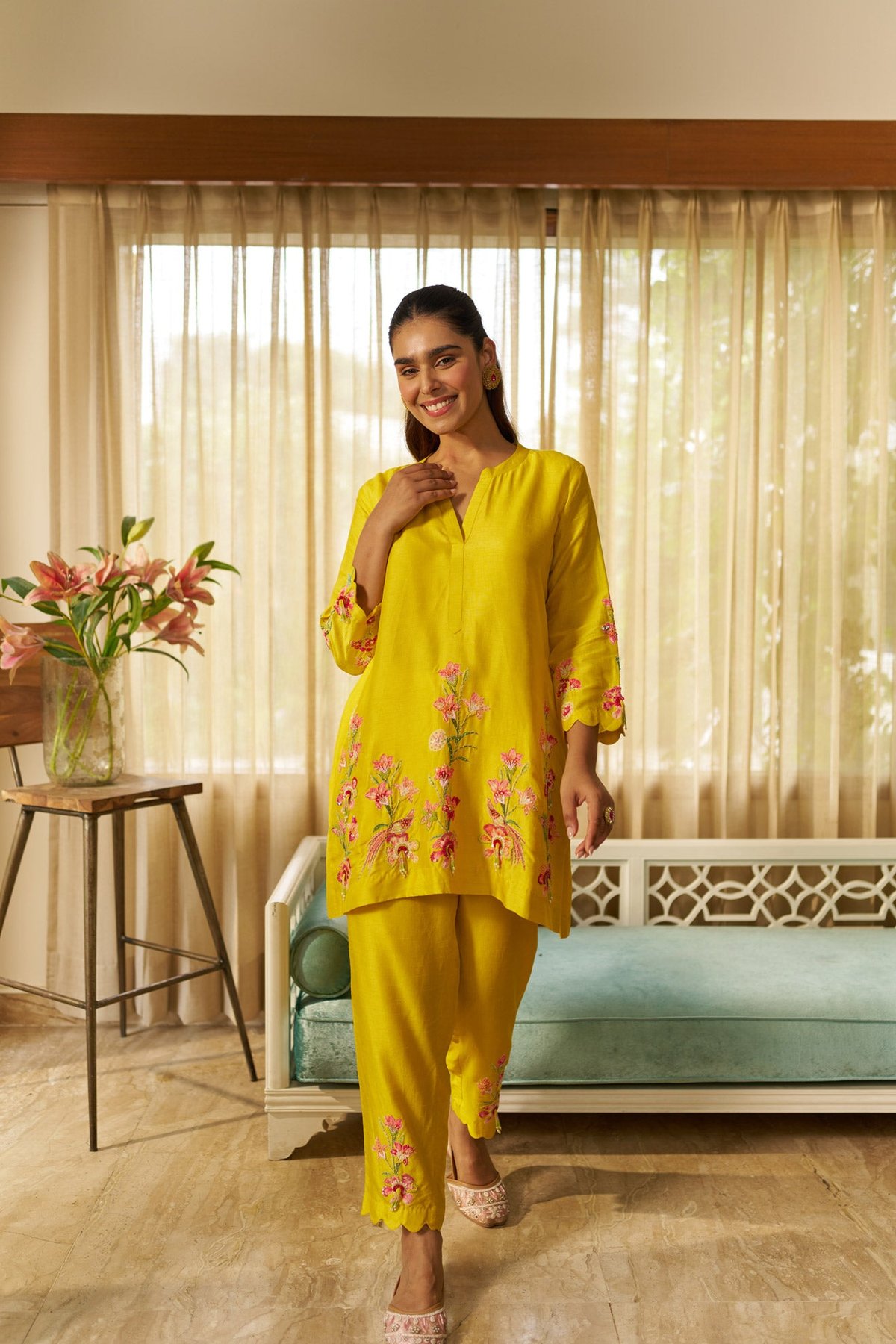 Yellow Bamberg Silk Applique Kurta and Pant Co-ord Set