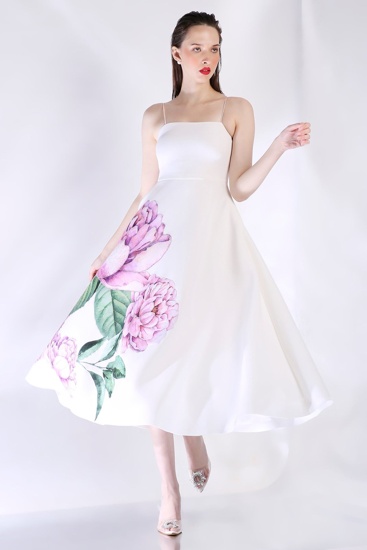 Off-White Floral Placement Fit and Flare Midi Dress