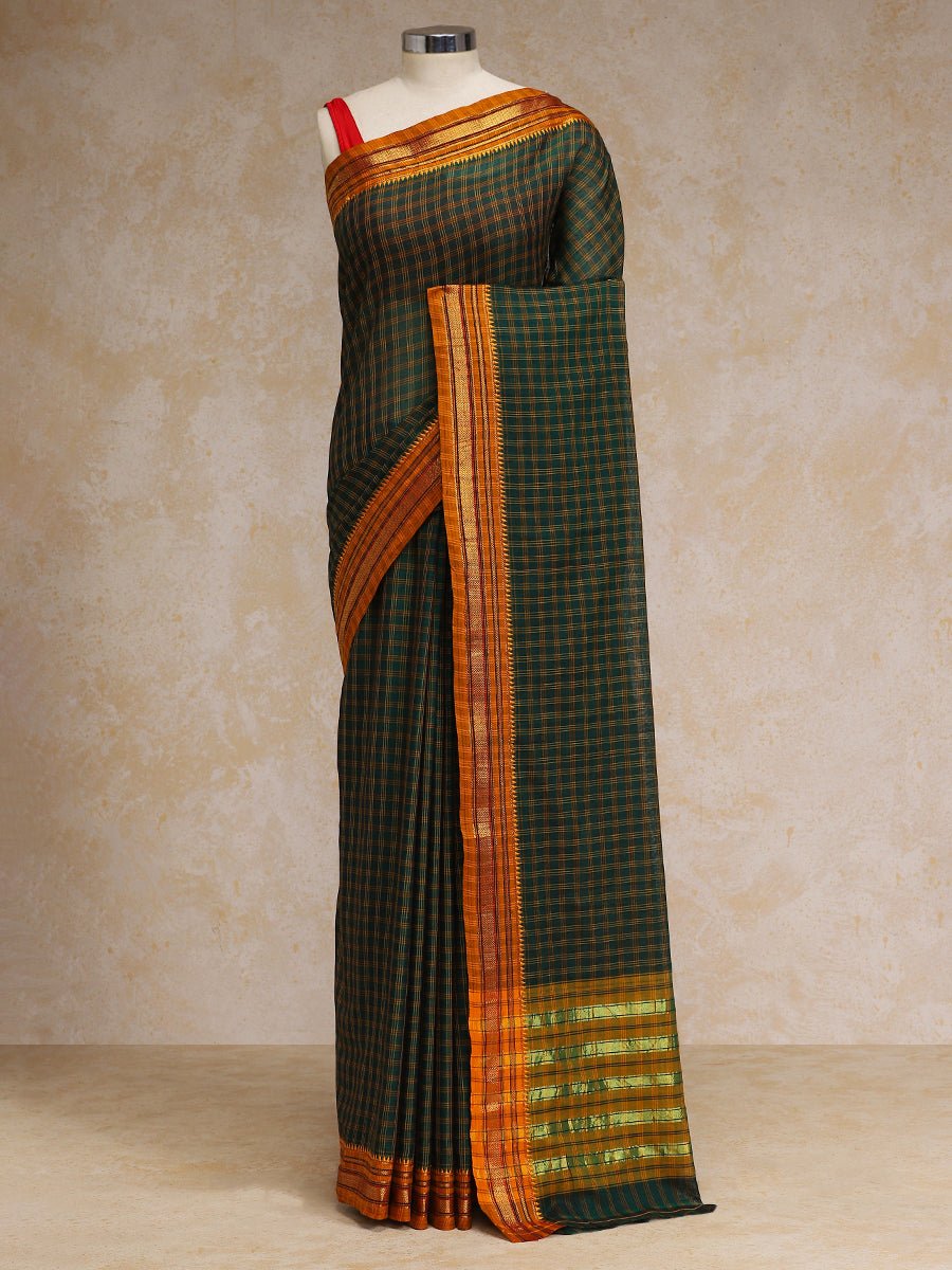 Green Check Cotton Silk Kanchi Chettinad Saree