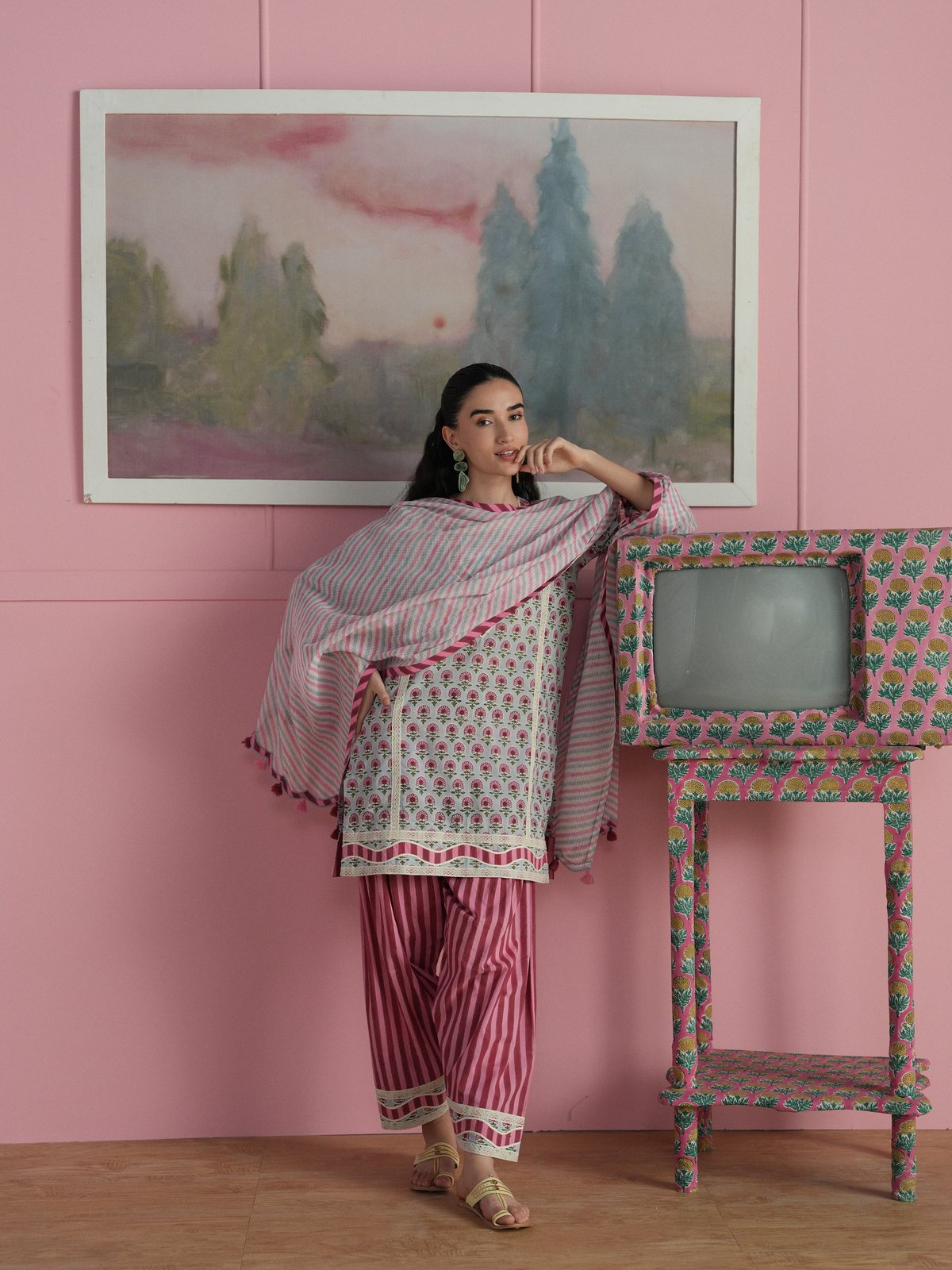 DAISY SHORT KURTA WITH STRIPED SALWAR & DUPATTA