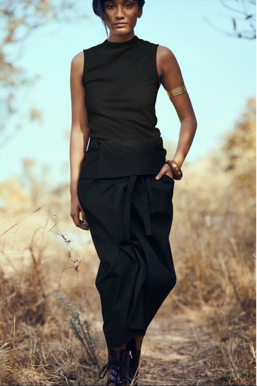 Black Cotton Twill Wrap Midi Skirt with Tie Waist