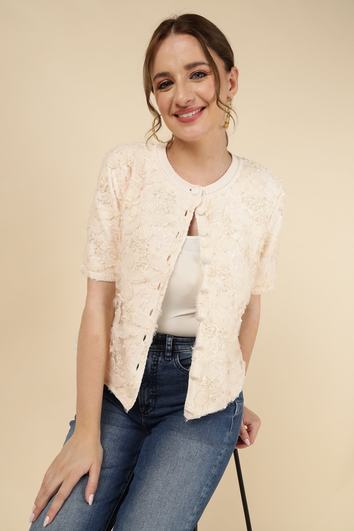 Beige Floral Textured Button-Front Cardigan