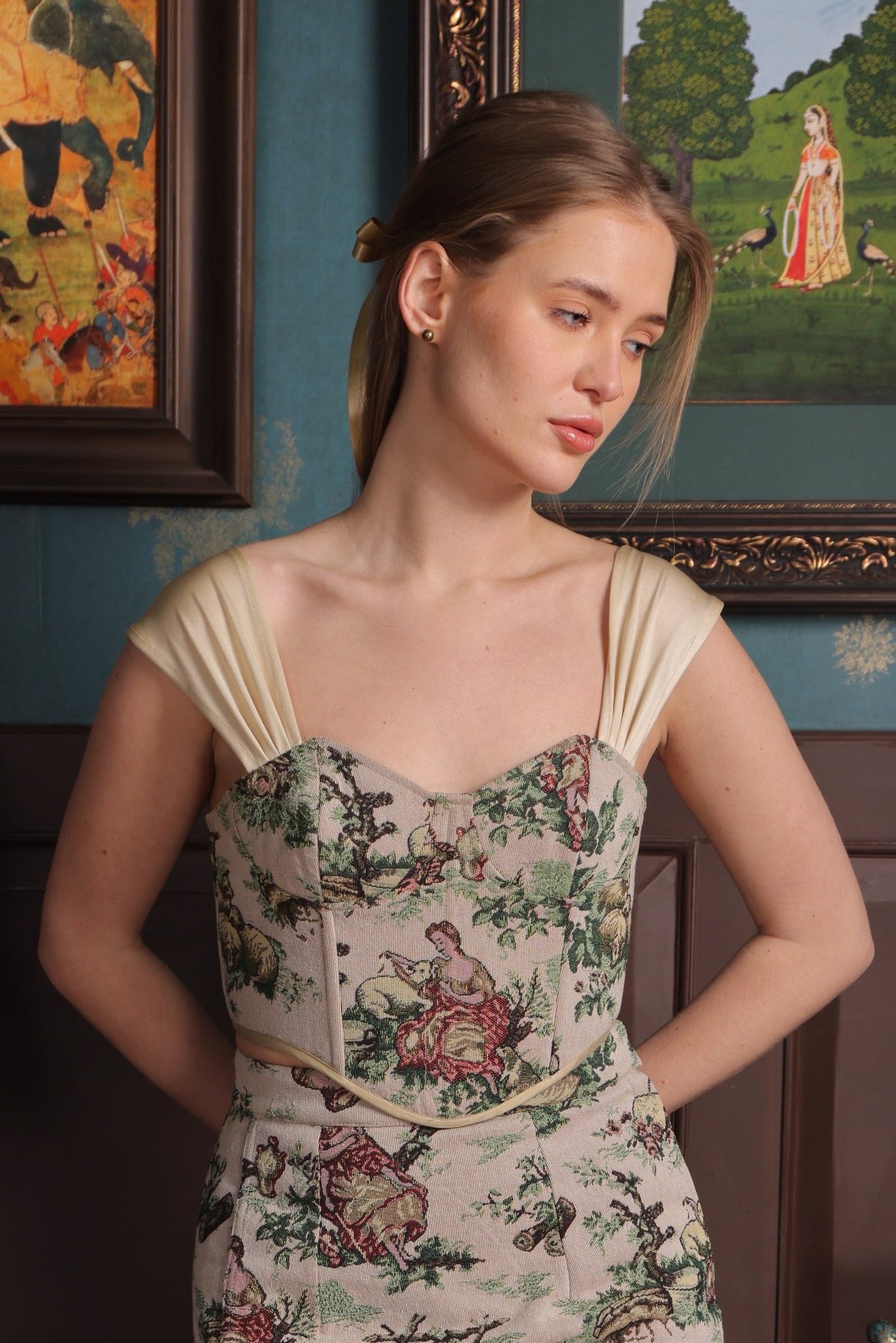 Beige Printed Canvas Corset Top with Lace-Up Back