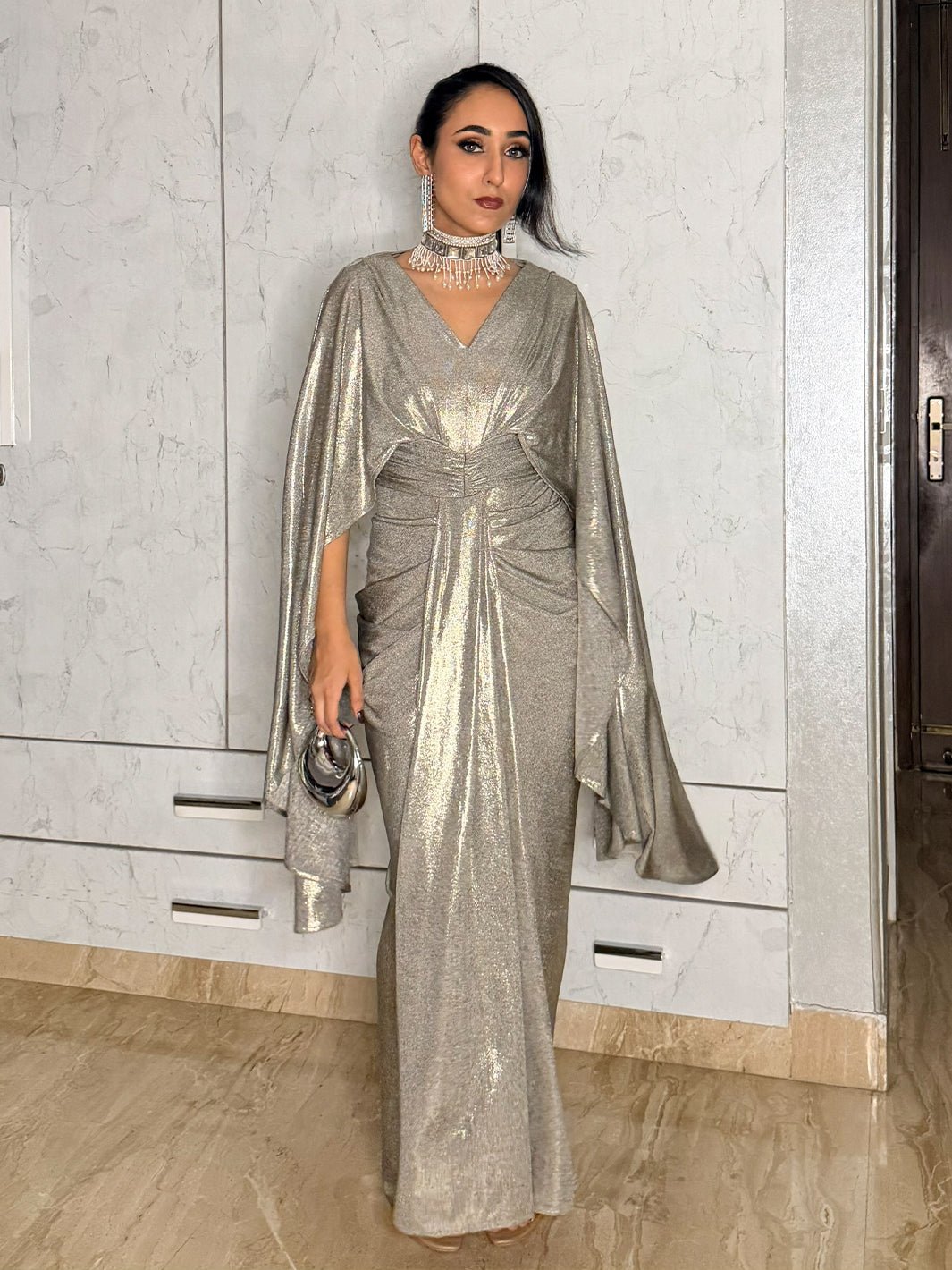 Cascade Drape Metallic Gown