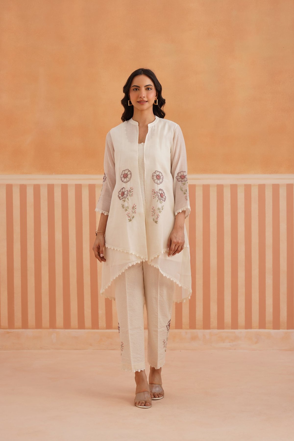 High-Low Embroidered Jacket Set with Inner and Pants