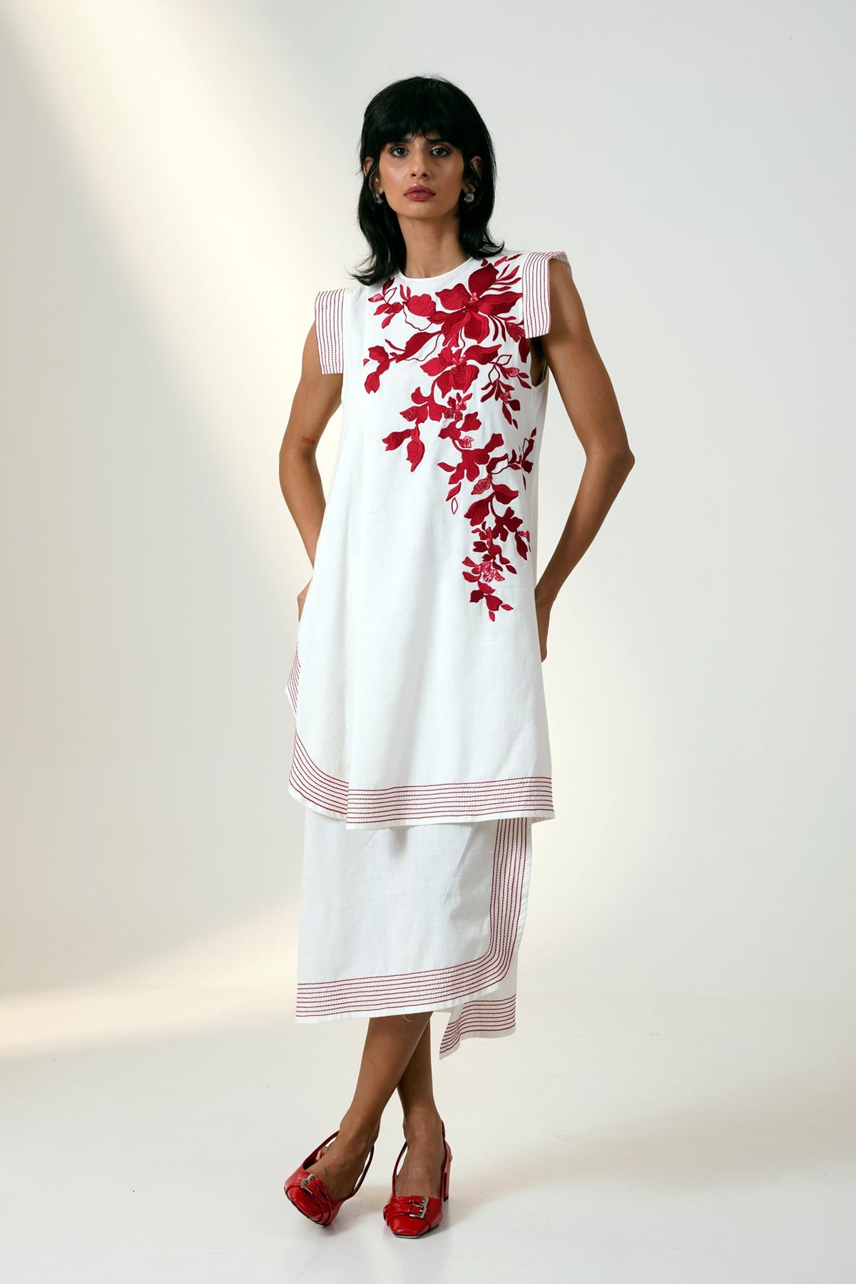 White A-Line Midi Dress with Red Floral Embroidery
