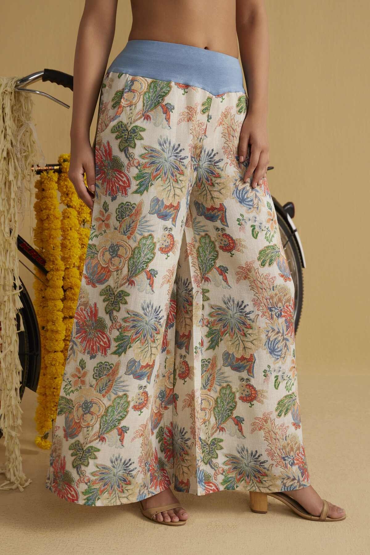Full Bloom Floral Print Linen Palazzo Trousers