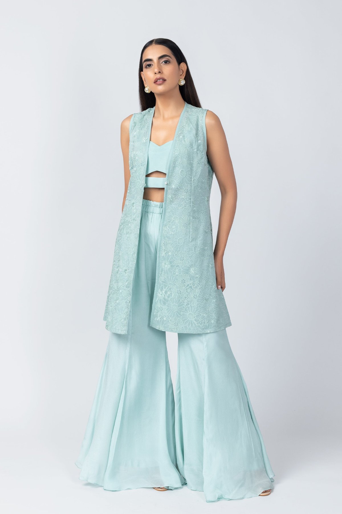 Baby Blue Schiffli Embroidered Jacket Kurta Set