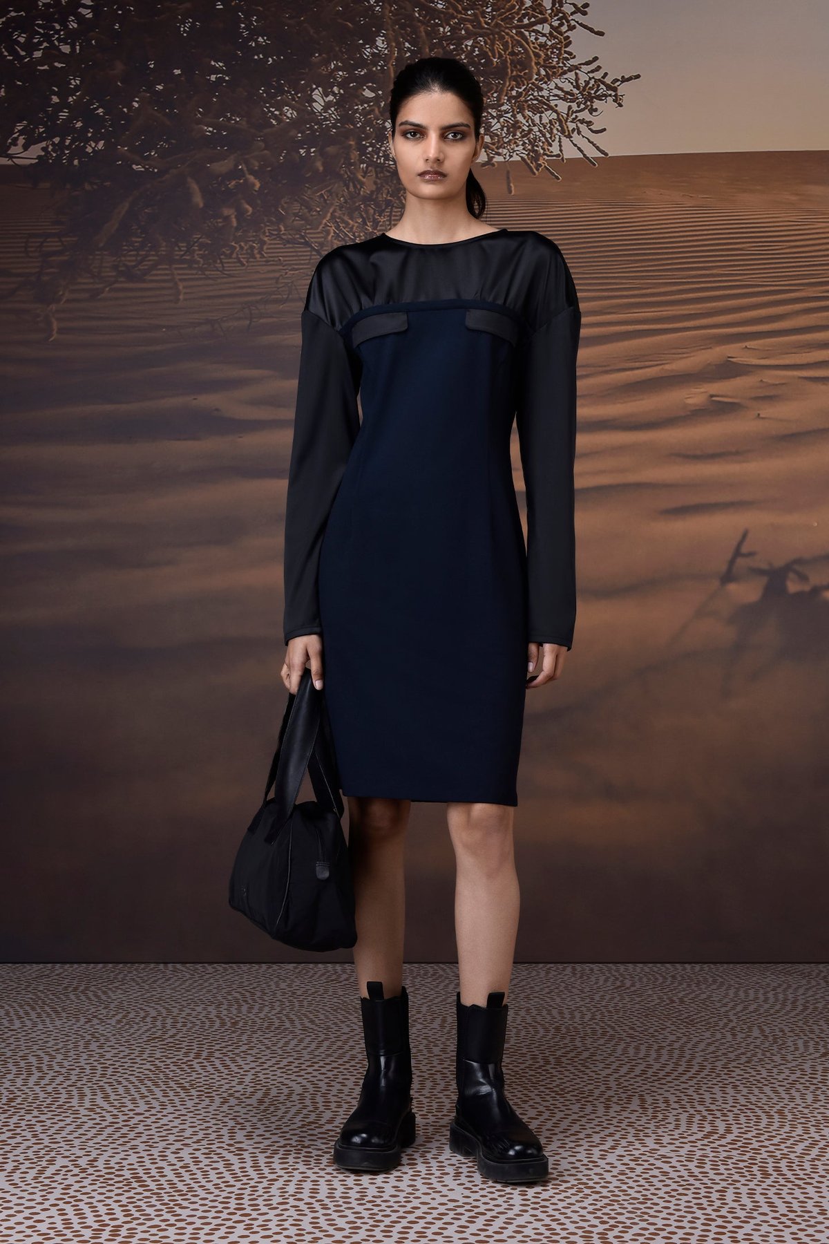 Navy Structured Shift Dress with Tonal Yoke Panels