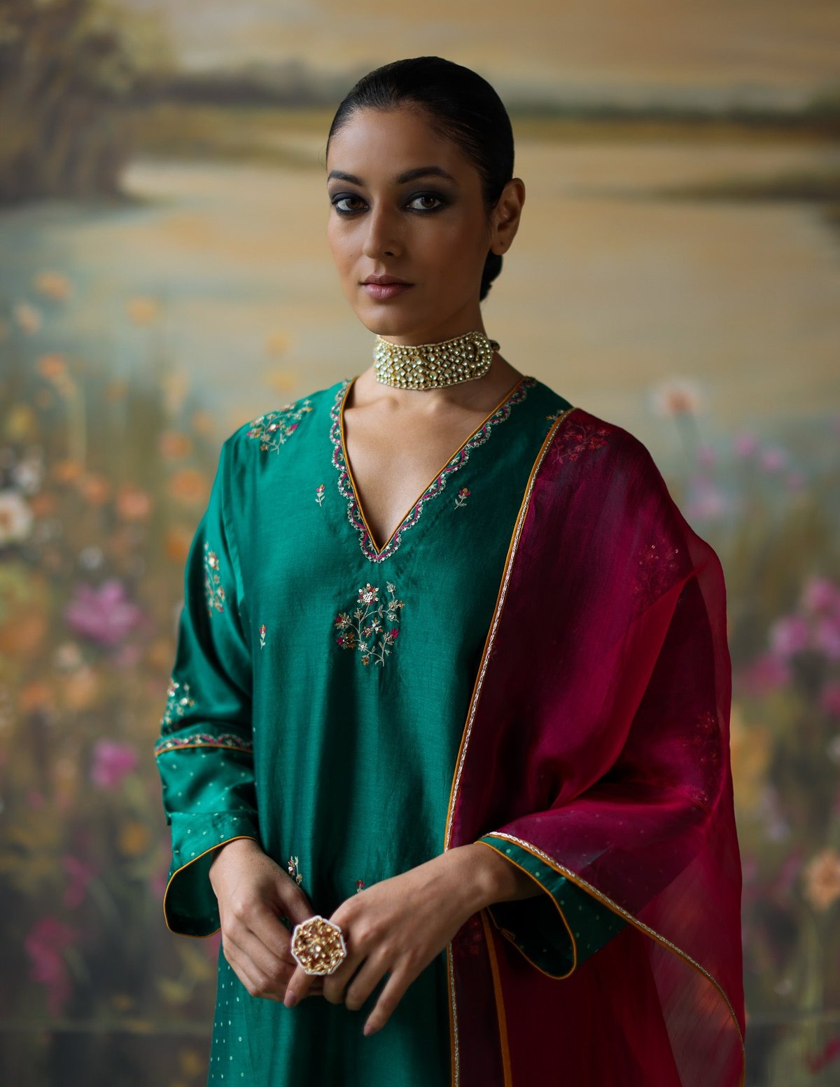 Emerald Silk Chanderi Embroidered Kurta Set with Dupatta
