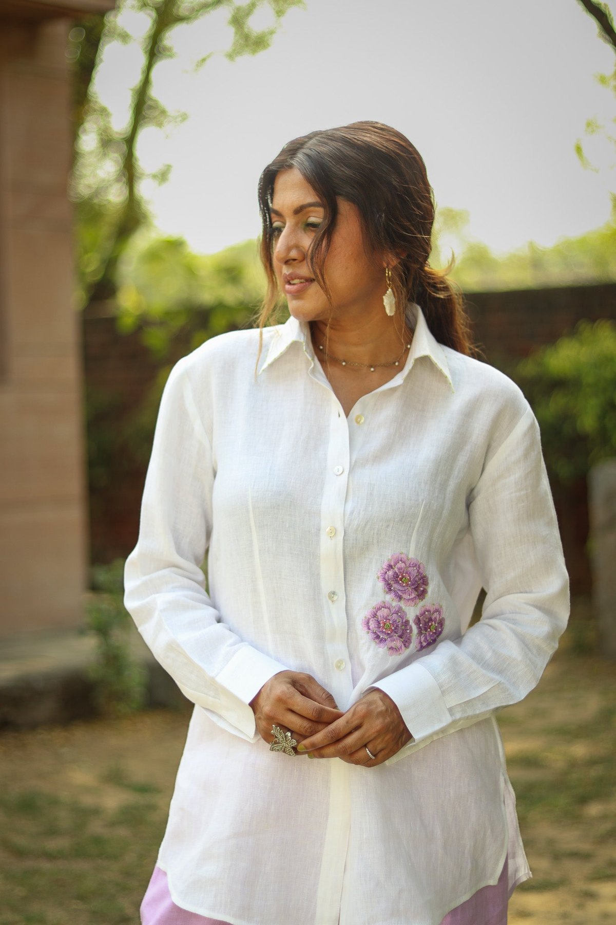 White Linen Embroidered Button-Down Shirt