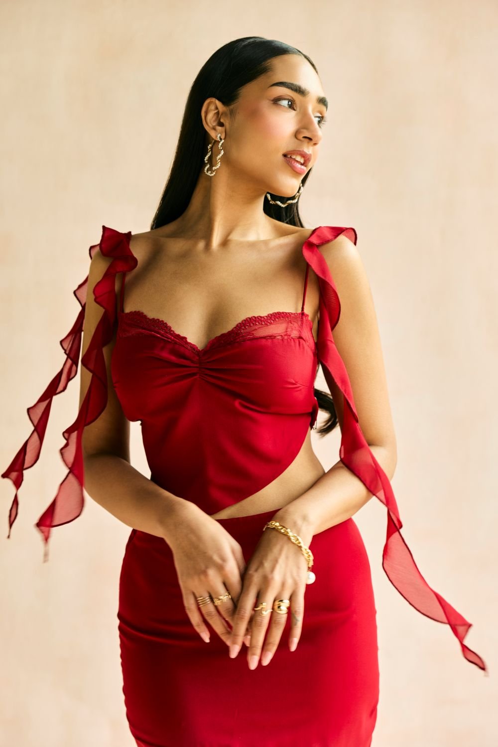 Crimson Georgette Sweetheart Ruffle Crop Top