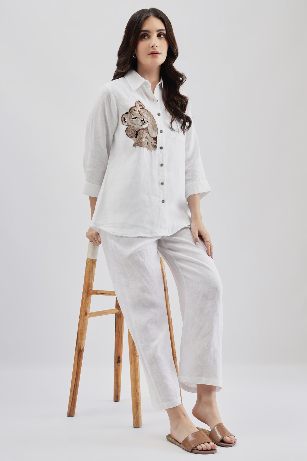 White Linen Embroidered Button-Down Shirt