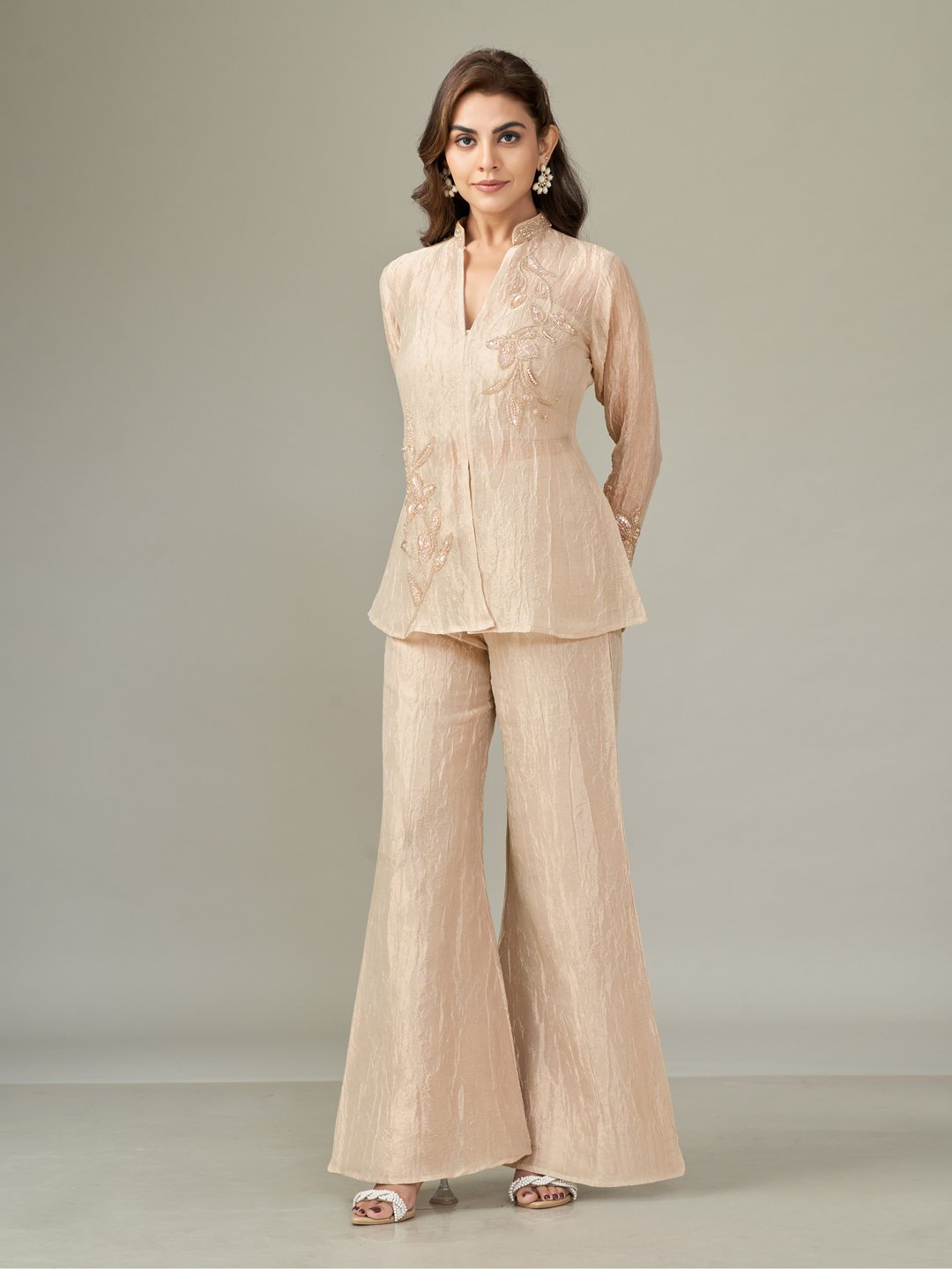 Champagne Embroidered Jacket and Wide-Leg Pants Co-ord Set