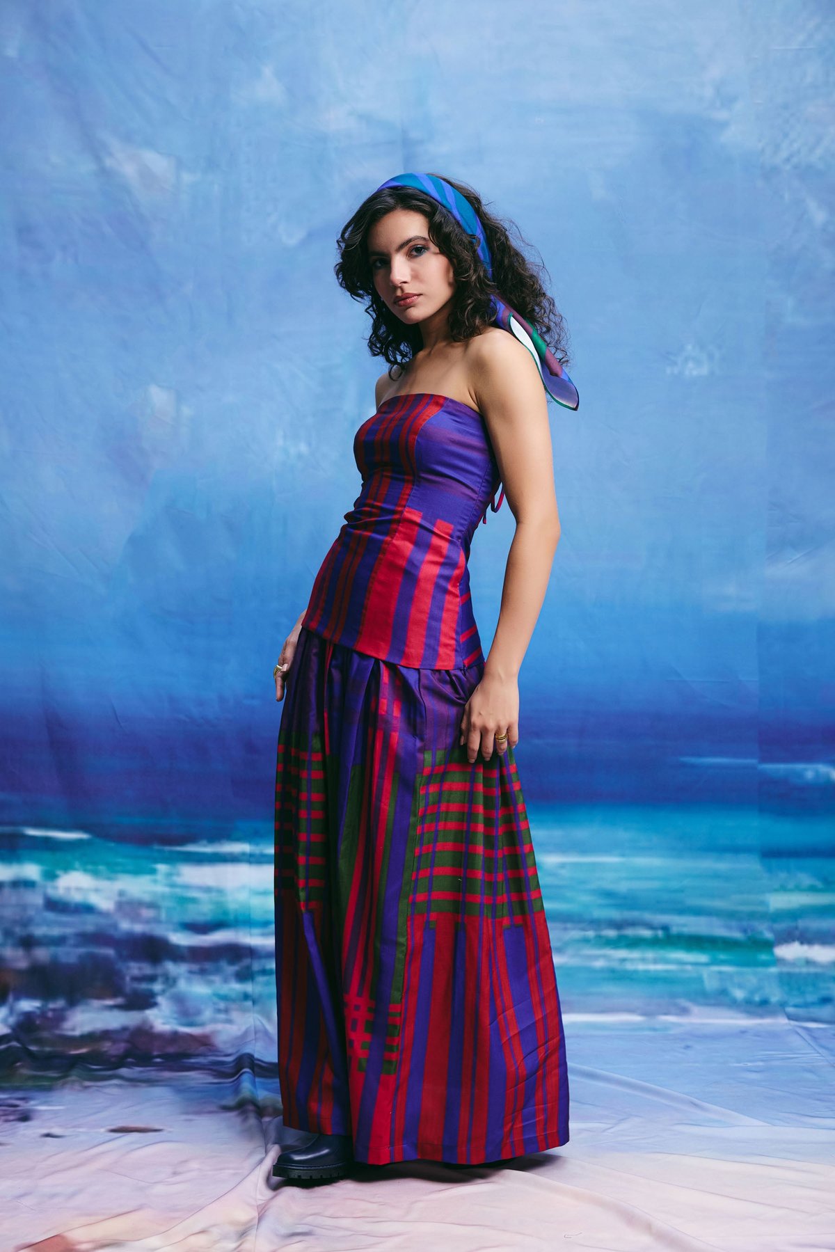 Multicolour Striped and Checked Linen Maxi Skirt