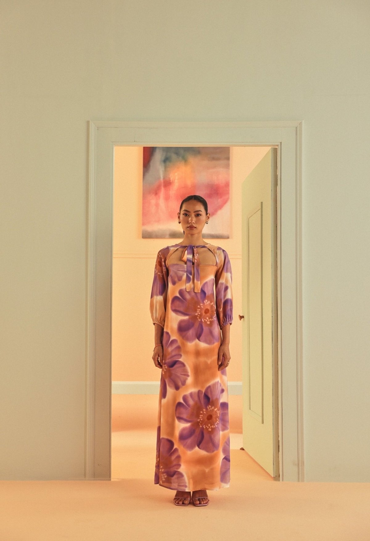 Peach/Lavender Floral Print Maxi Dress with Tie-Up Neck
