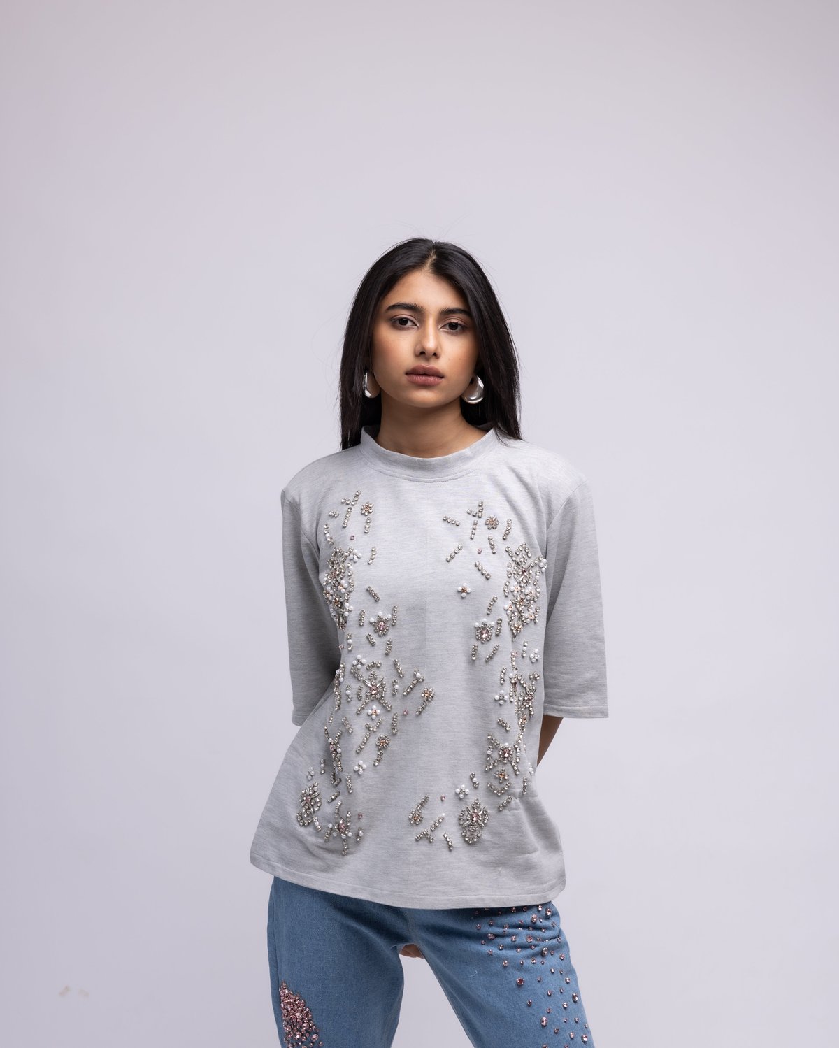Light Grey Oversized Embellished Cotton T-Shirt