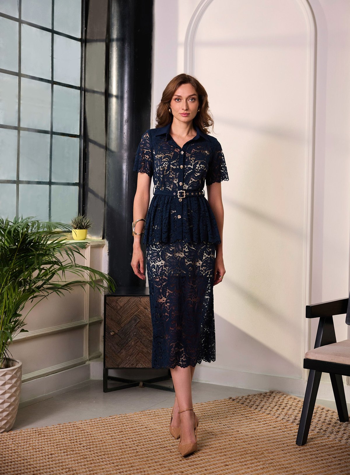 Navy Lace Mesh Peplum Top and Midi Skirt Co-ord Set