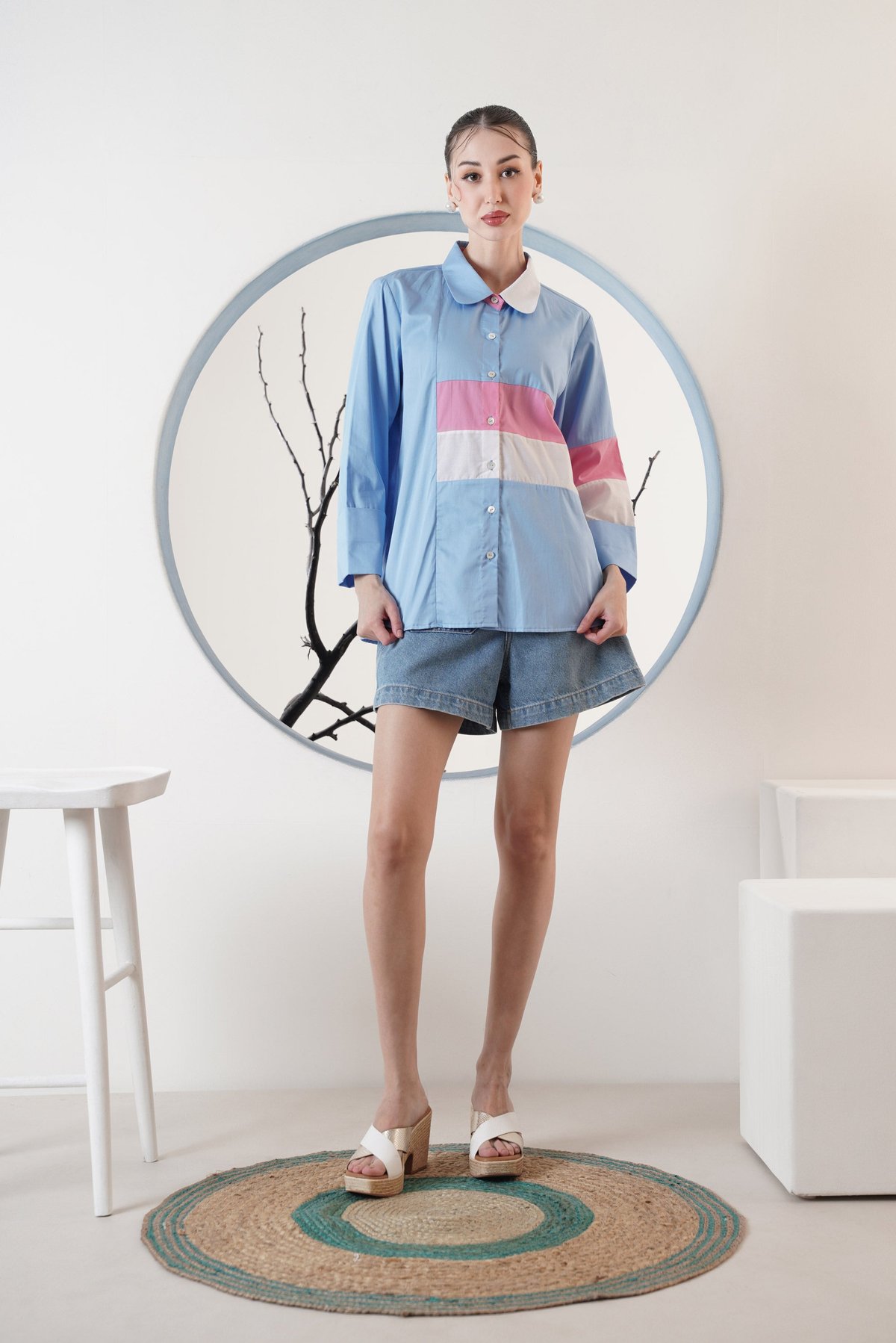 Powder Blue Colorblock Button-Down Shirt