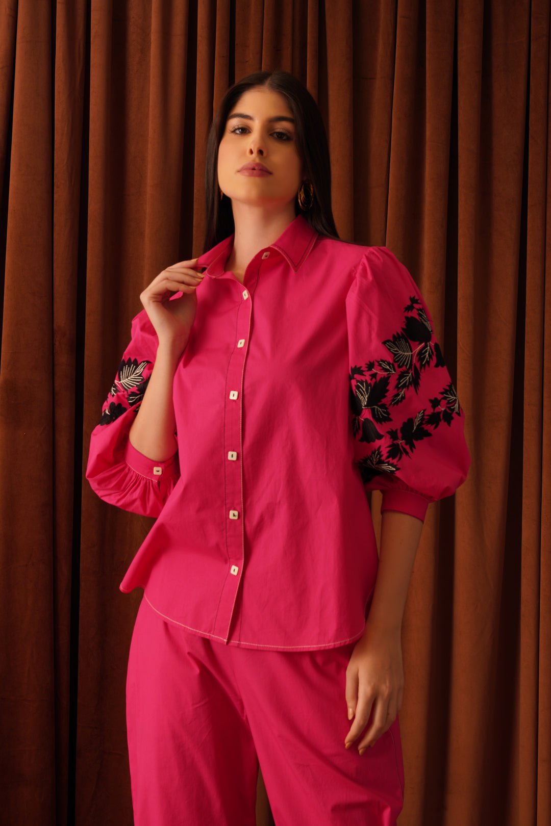 Hot Pink Cotton Shirt with Black Sleeve Embroidery