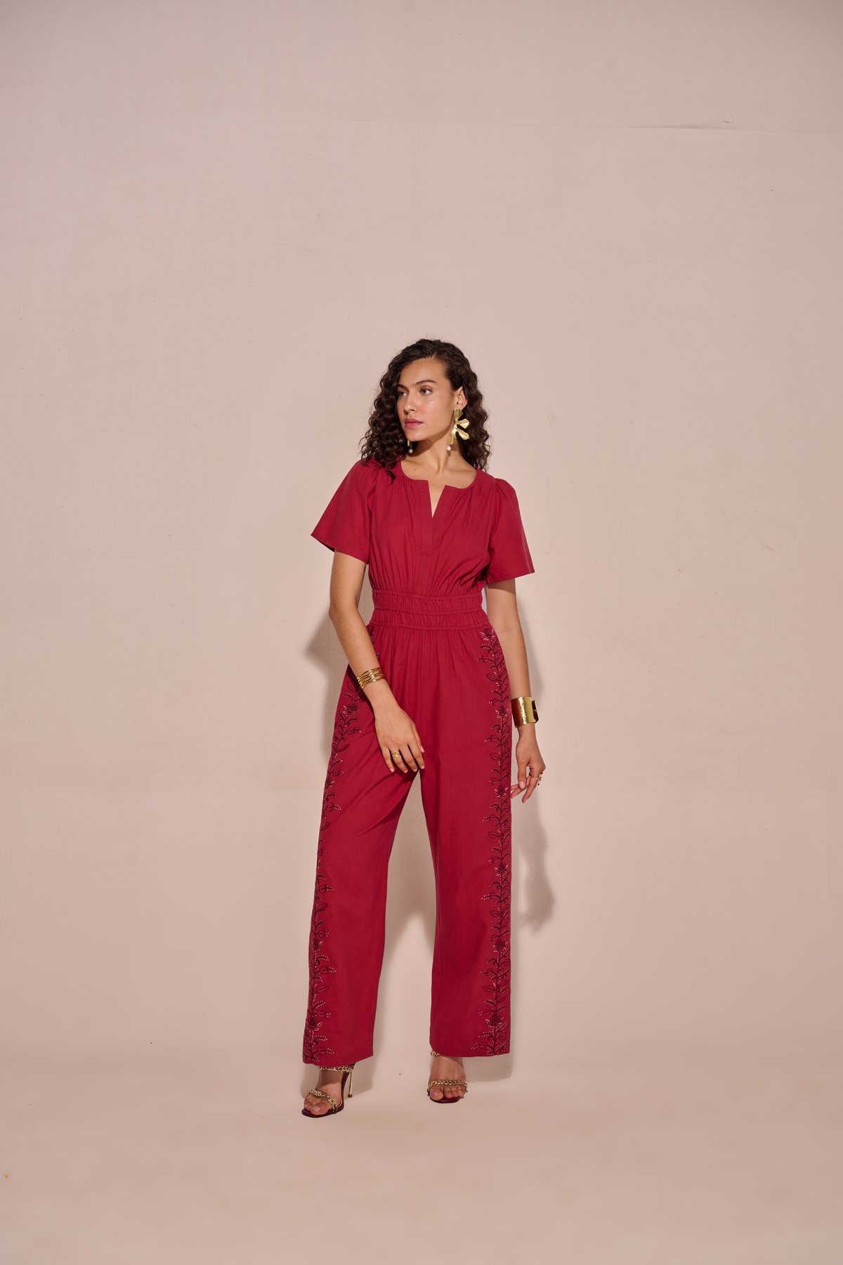 Red Cotton Embroidered Straight-Leg Jumpsuit