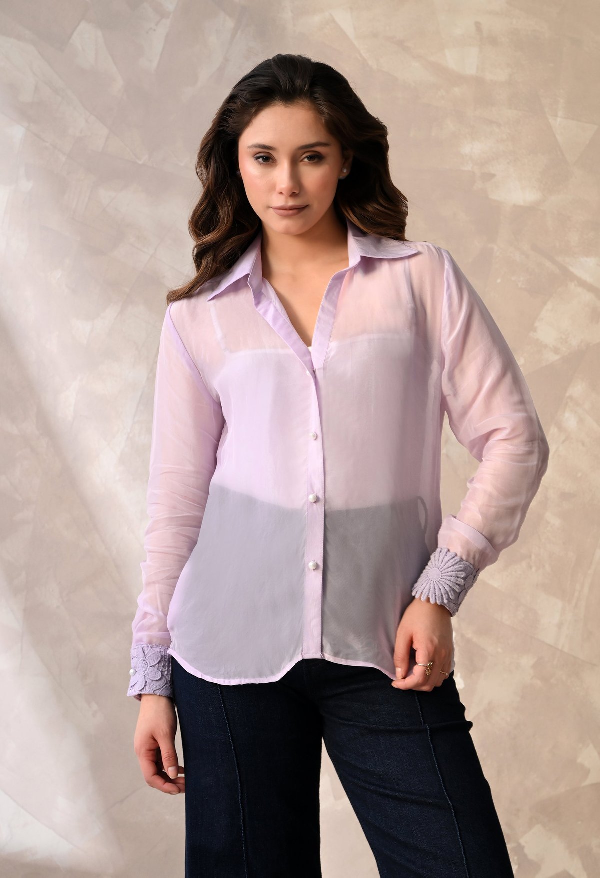 Sheer Organza Button - Down Shirt With Floral Lace Cuffs And Matching A Inner